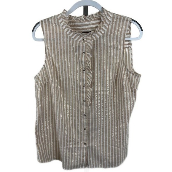 Talbots Tops - Talbots Ruffle Blouse Women's Size Large Sleeveless Striped Metallic Button Top